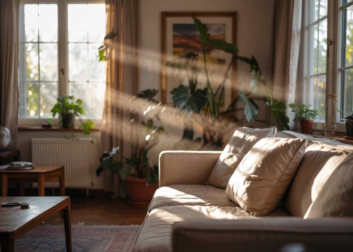 Dust particles floating in sunlight inside living room, highlighting need for indoor air quality solutions in Forney, TX – Bolton Heating & Air